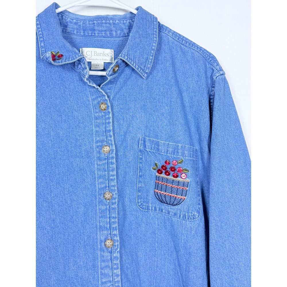 Denim Button Down Fall Autumn vtg Plus Size 1X Blue Cotton Embroidered Apples - Picture 2 of 10